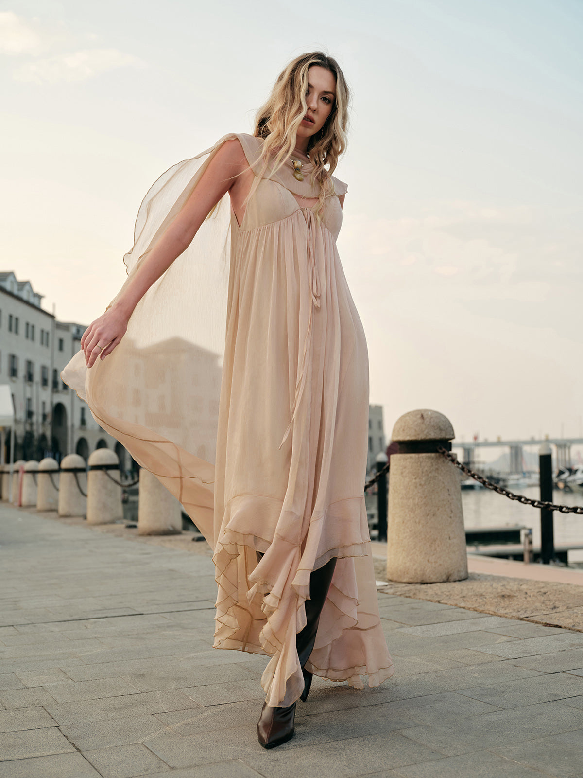 Detail shot of layered skirt construction and movement