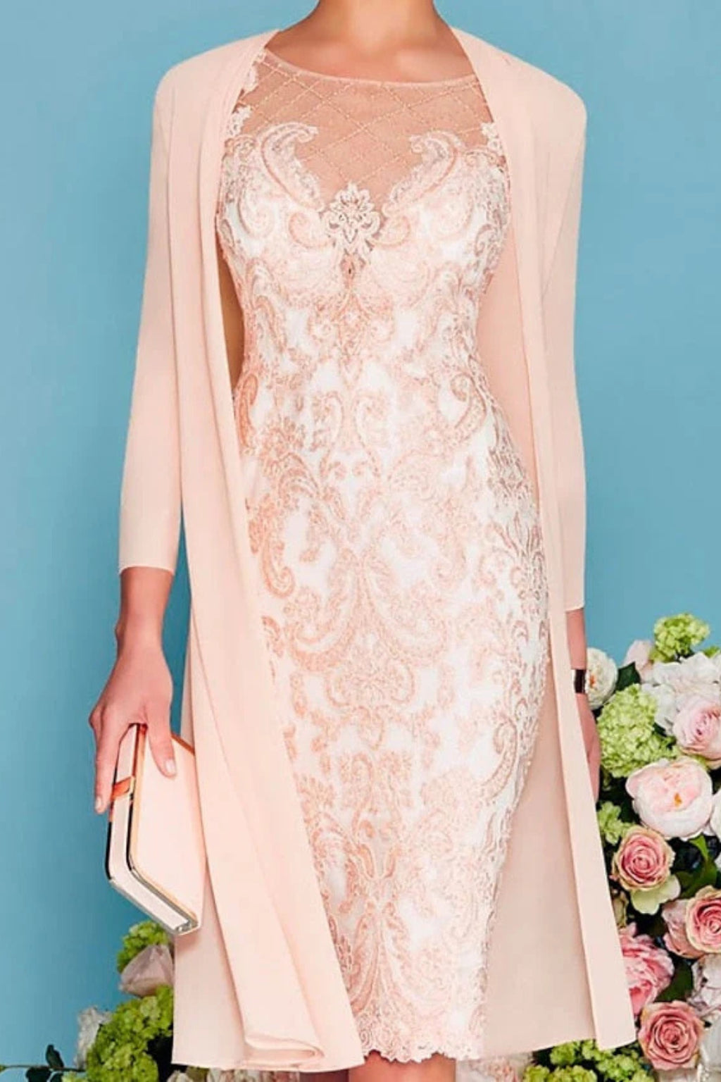 Back view showing lace detail and jacket draping