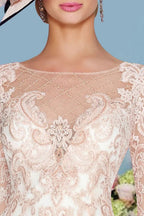 Close-up of embroidered lace bodice and illusion neckline