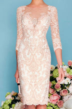 Woman in dress posed three-quarter angle
