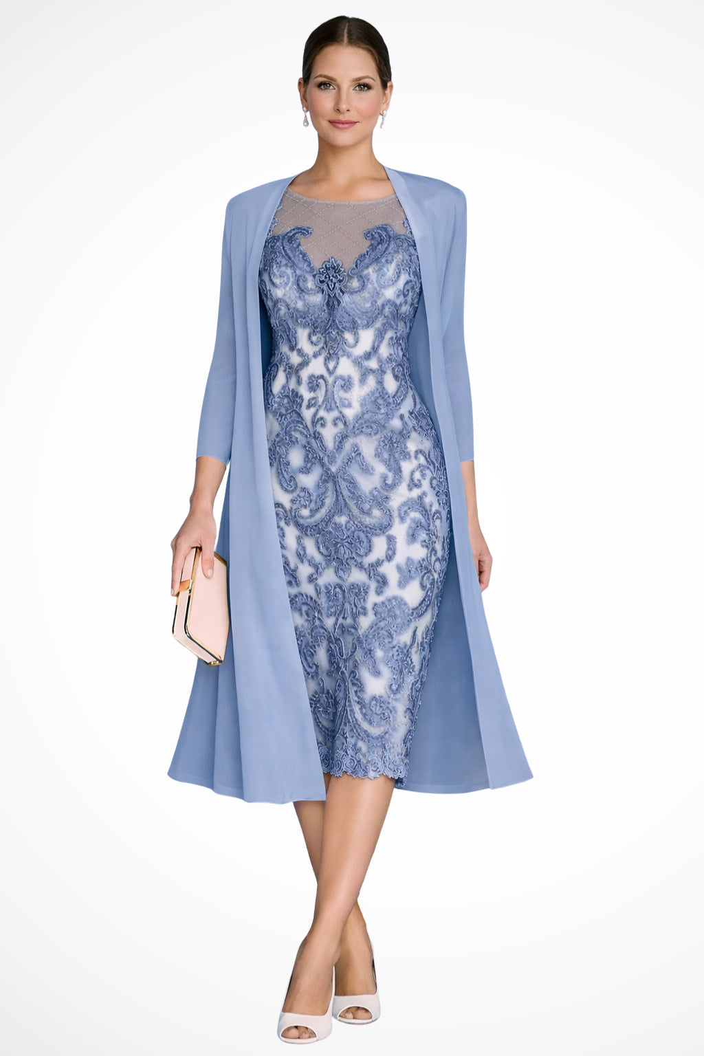 Close-up of dress neckline and lace embroidery pattern
