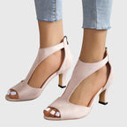Top-down view of peep toe sandal highlighting cutout design