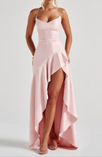 Back view of dress showing cowl neckline and draping details