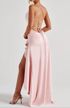 Close-up of thigh-high split and hem construction