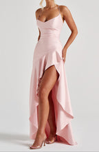 Profile shot of dress in natural lighting showing satin sheen