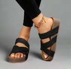 Close-up of textured braided strap detail on wedge sandal