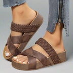 Women's braided platform wedge sandals with crossover straps, front view