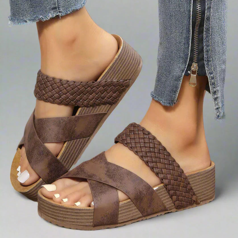 Women's braided platform wedge sandals with crossover straps, front view