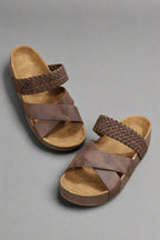 Back view of braided crossover strap wedge sandal