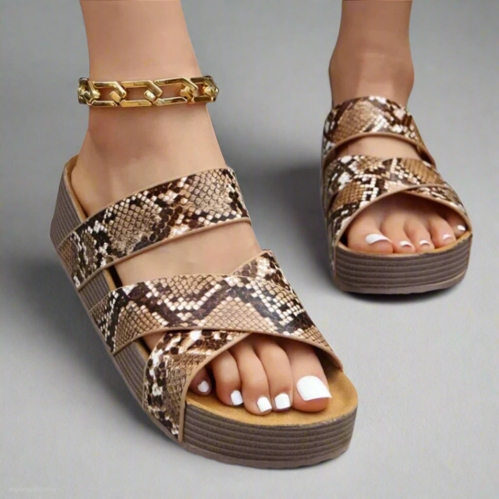 Sole and platform detail of ridged cushioned wedge sandal
