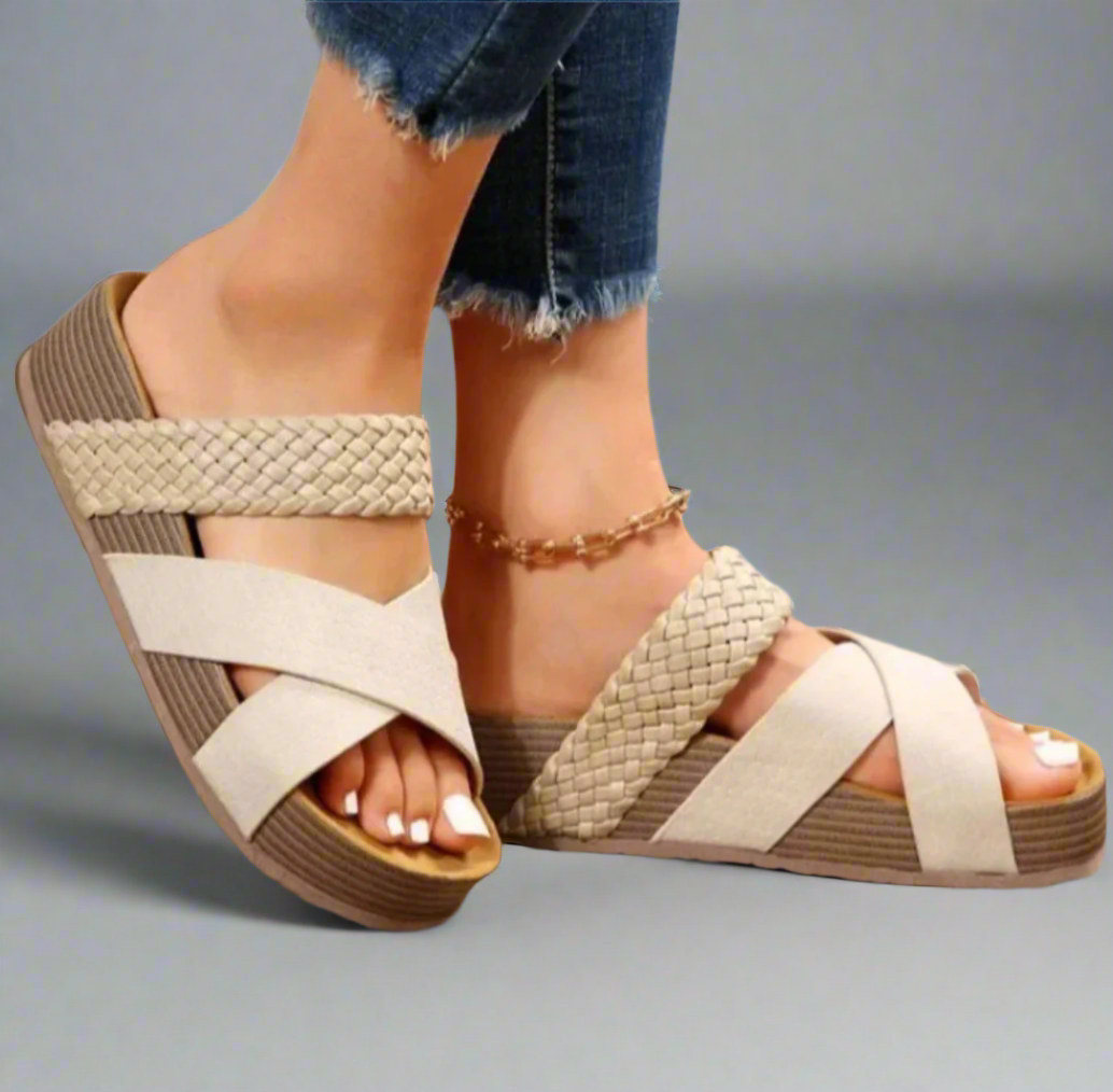 Model wearing braided wedge sandals, full-length casual outfit shot