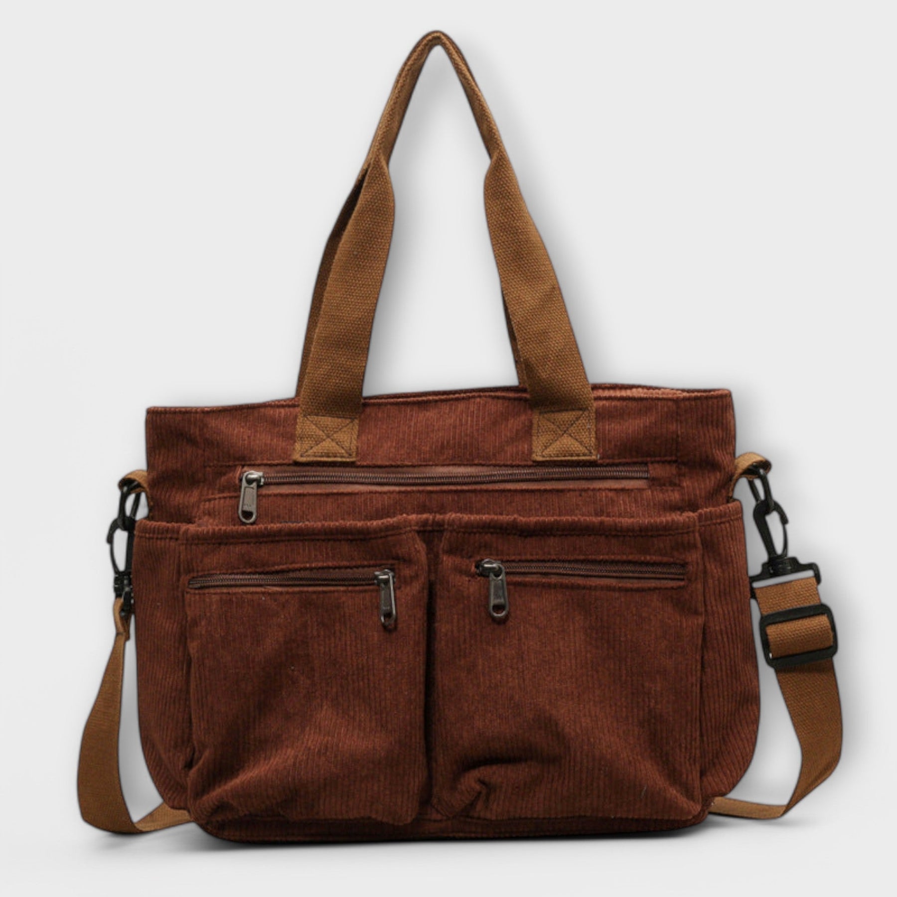 Women's corduroy tote bag with multiple pockets, front view