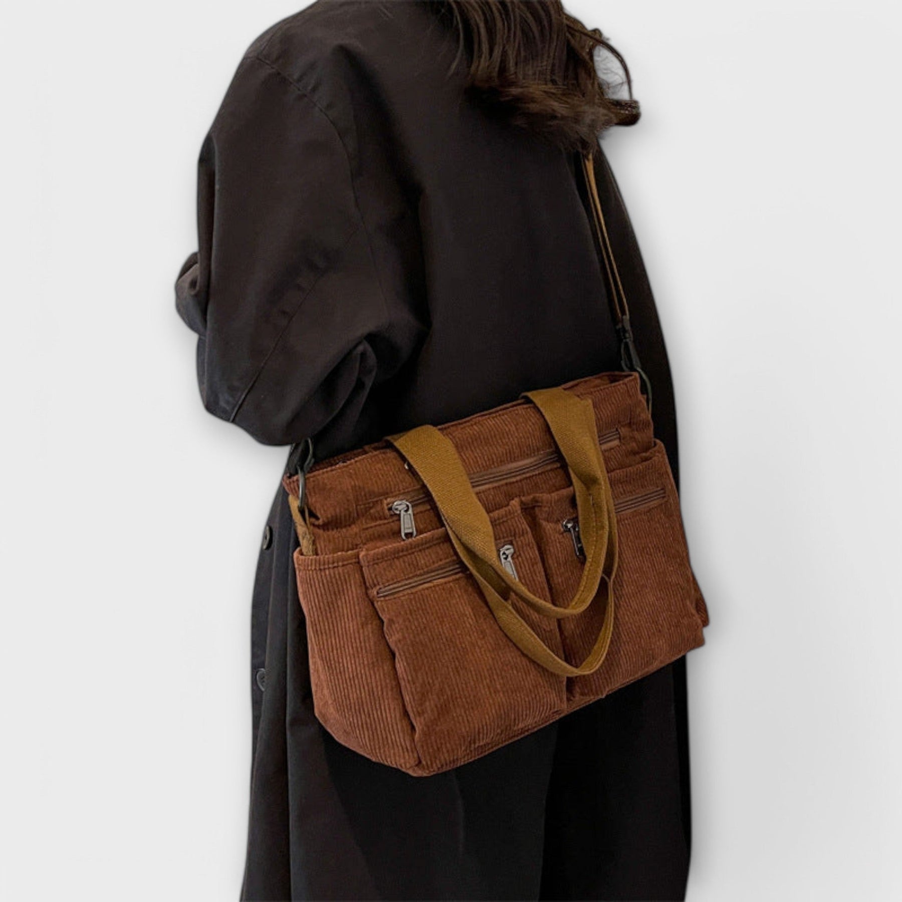 Flat lay of corduroy tote showing overall design