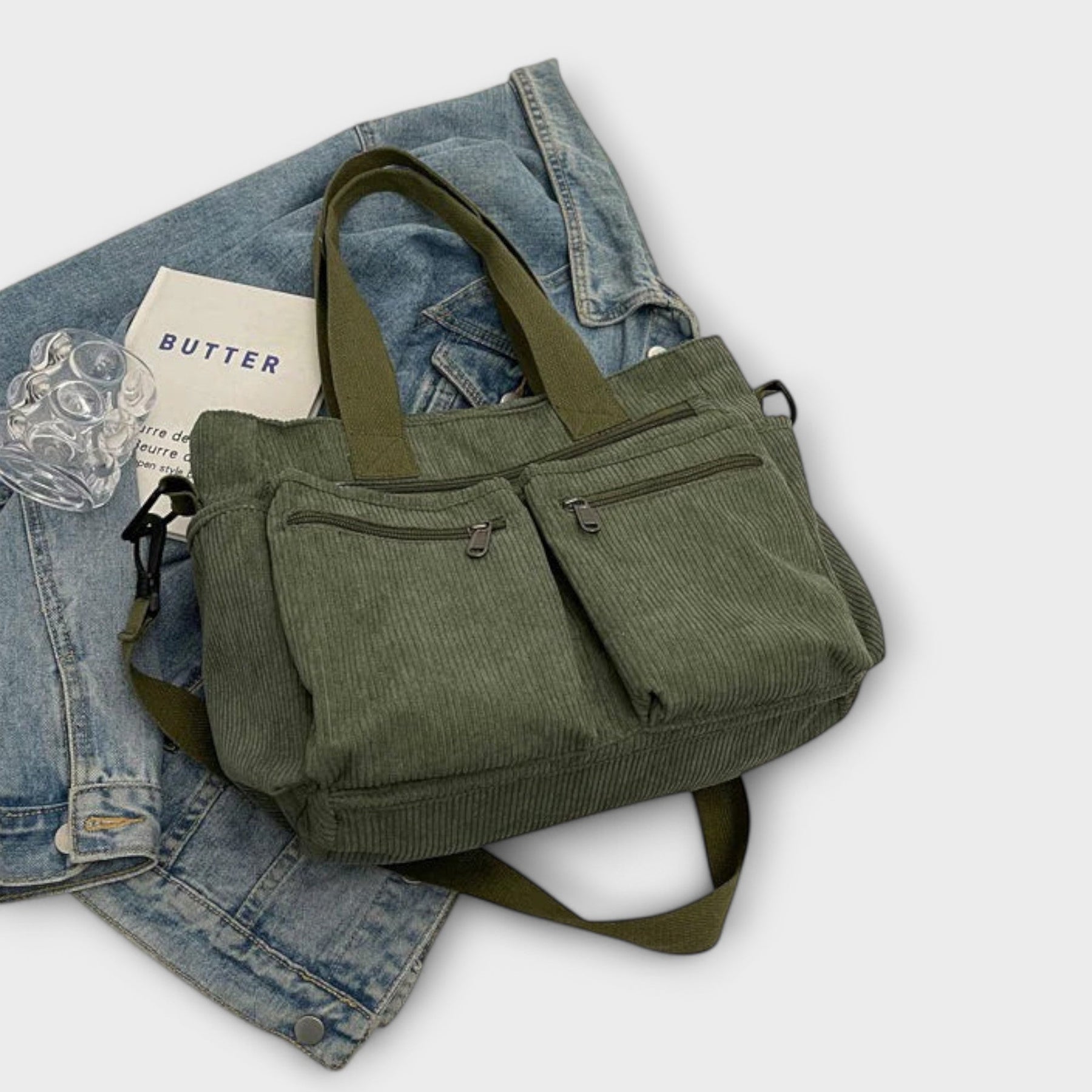 Corduroy tote bag displayed on styled background