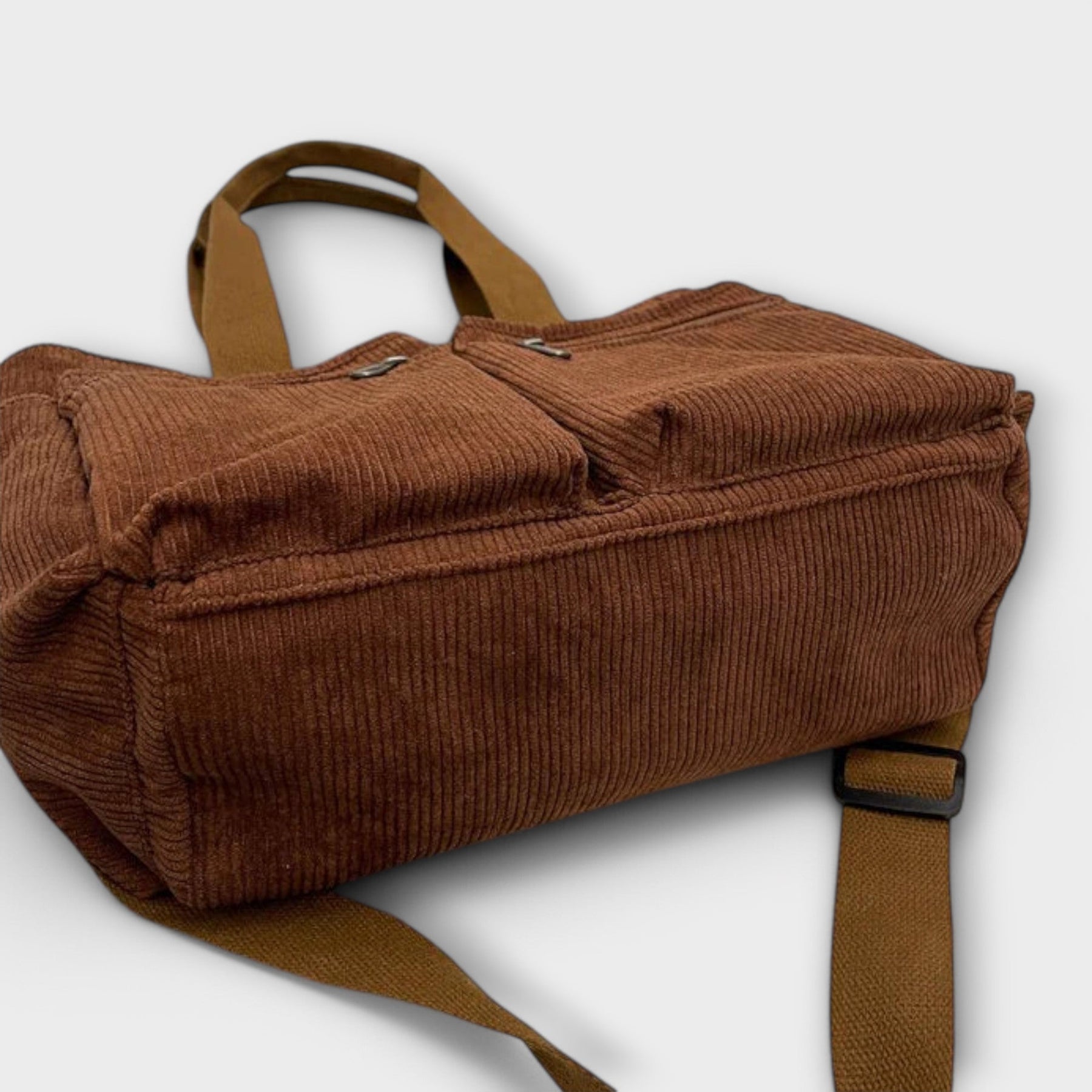 Back view of corduroy tote bag with pockets