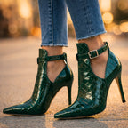 Model wearing boots standing, full leg view showing leg-lengthening silhouette