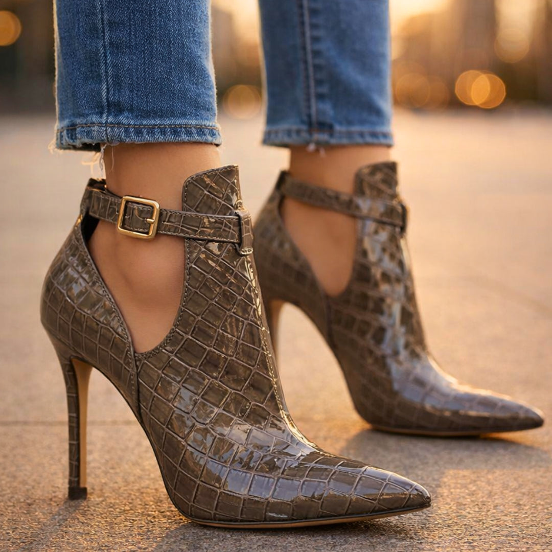 Women's Croc Leather Stiletto Heel Ankle Boots