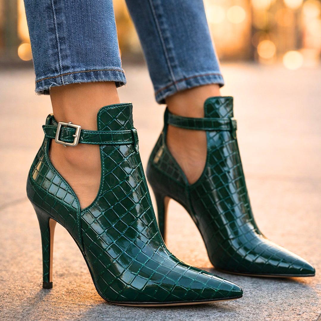 Women's Croc Leather Stiletto Heel Ankle Boots