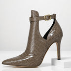 Close-up of V-cutout design and adjustable buckle strap