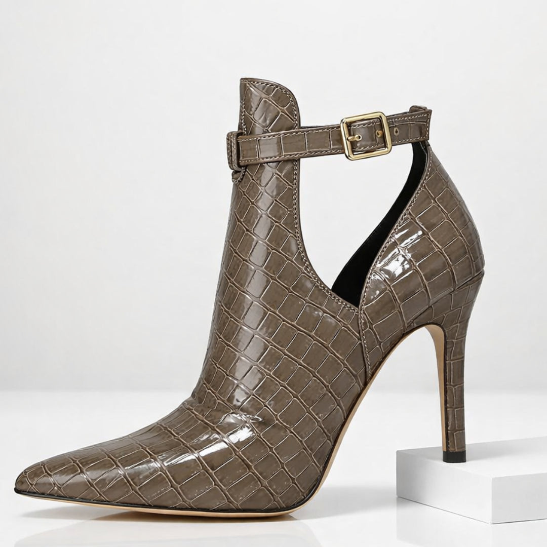 Close-up of V-cutout design and adjustable buckle strap