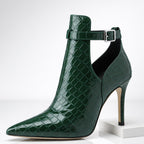 Side view of stiletto boot showing high heel and buckle ankle strap