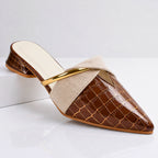 Front view of pointed toe with croc finish detail