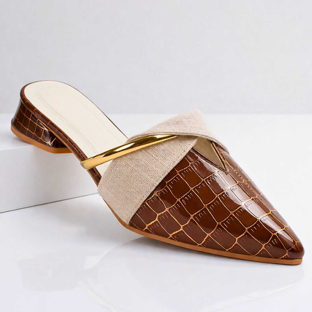 Front view of pointed toe with croc finish detail