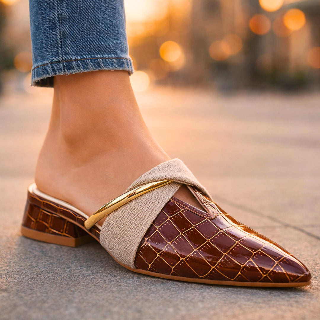 Women's croc embossed pointed toe mule with block heel, side view