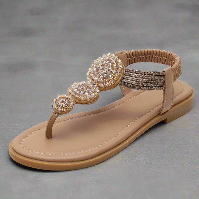 Detail view of toe post and rhinestone embellishment