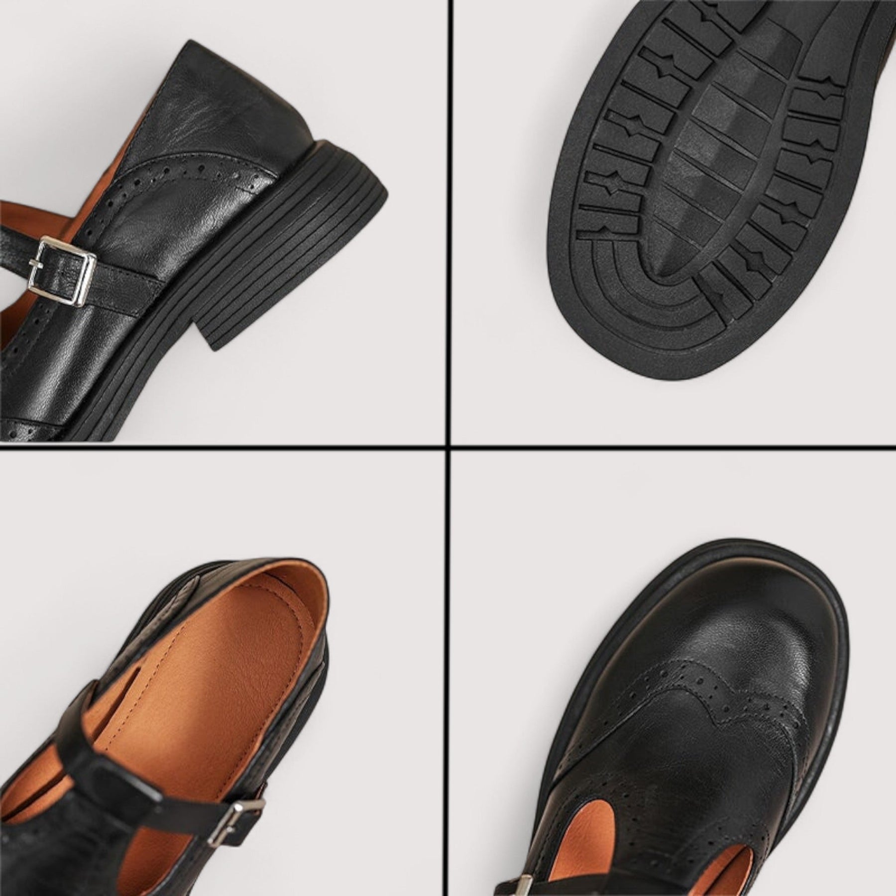 Woman walking in brogue Mary Jane sandals, side angle