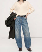 Full length view of leopard jeans from front, relaxed fit