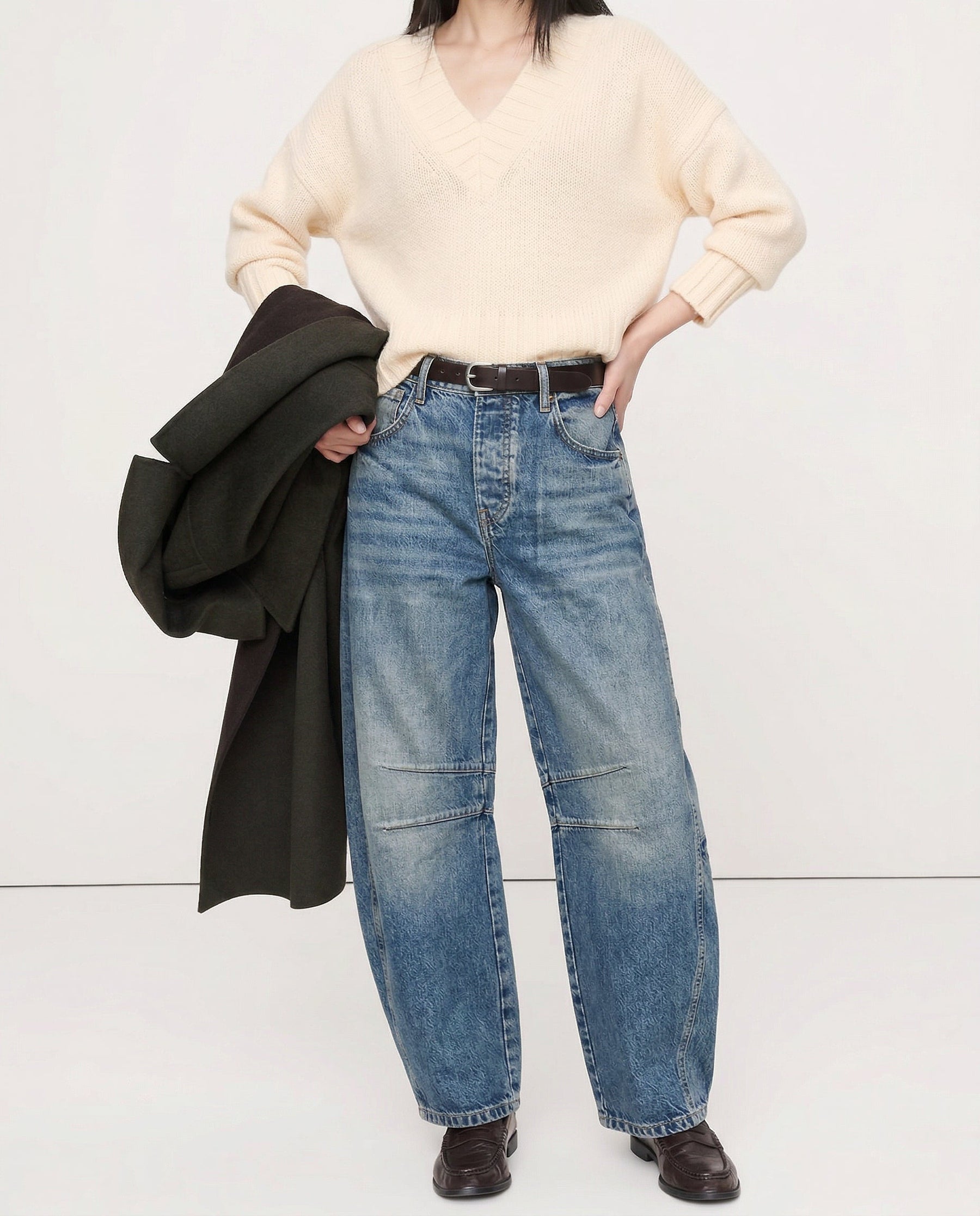 Full length view of leopard jeans from front, relaxed fit