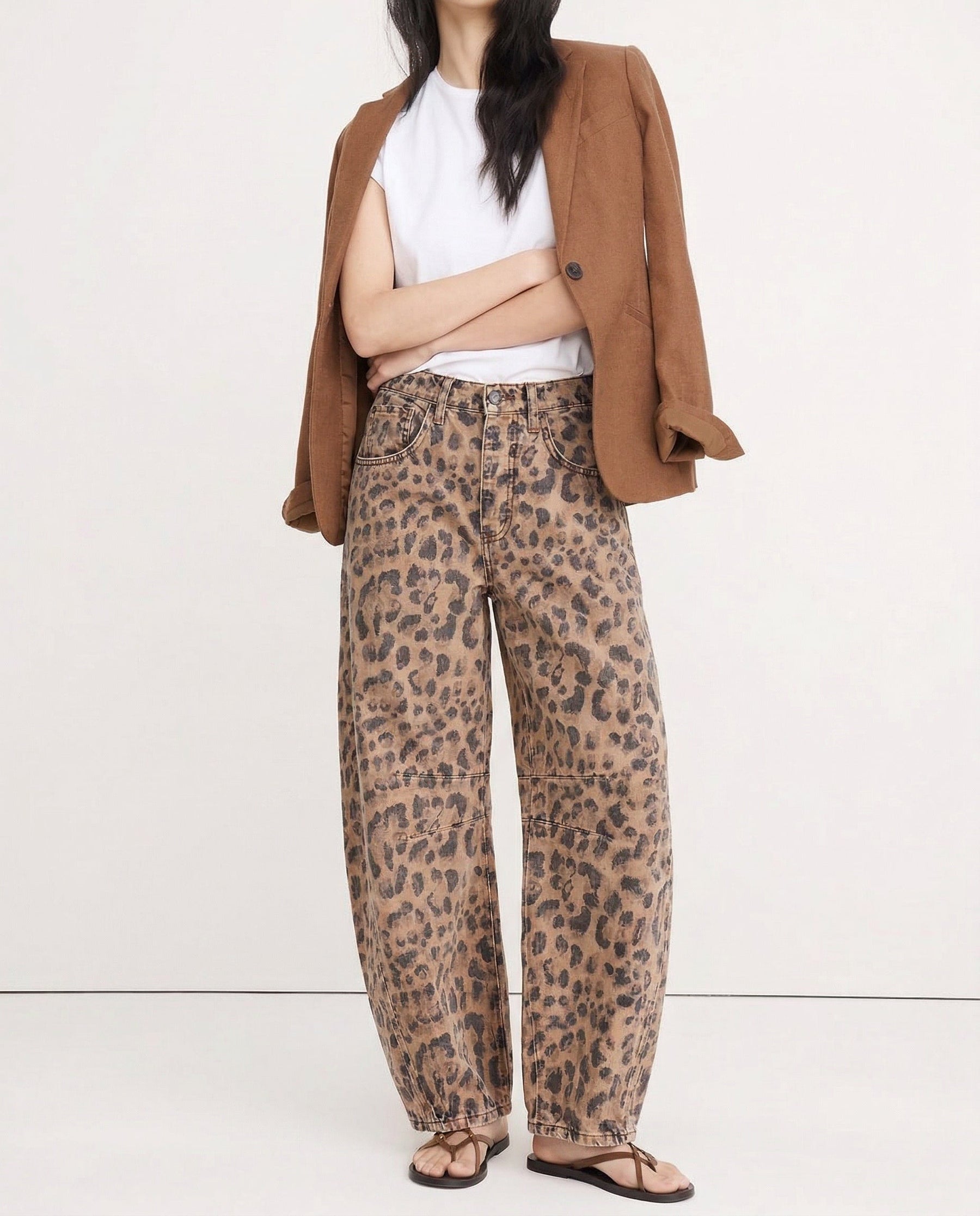 Close-up of leopard animal print pattern on denim fabric