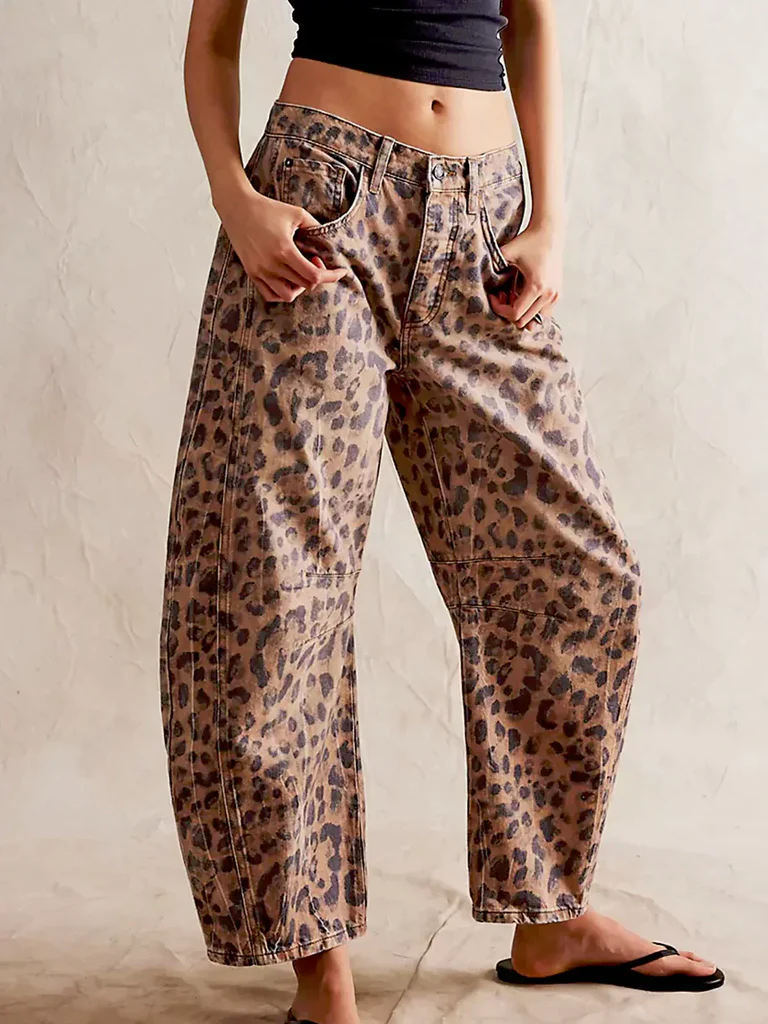 Women's Leopard Wide Leg Denim Jeans