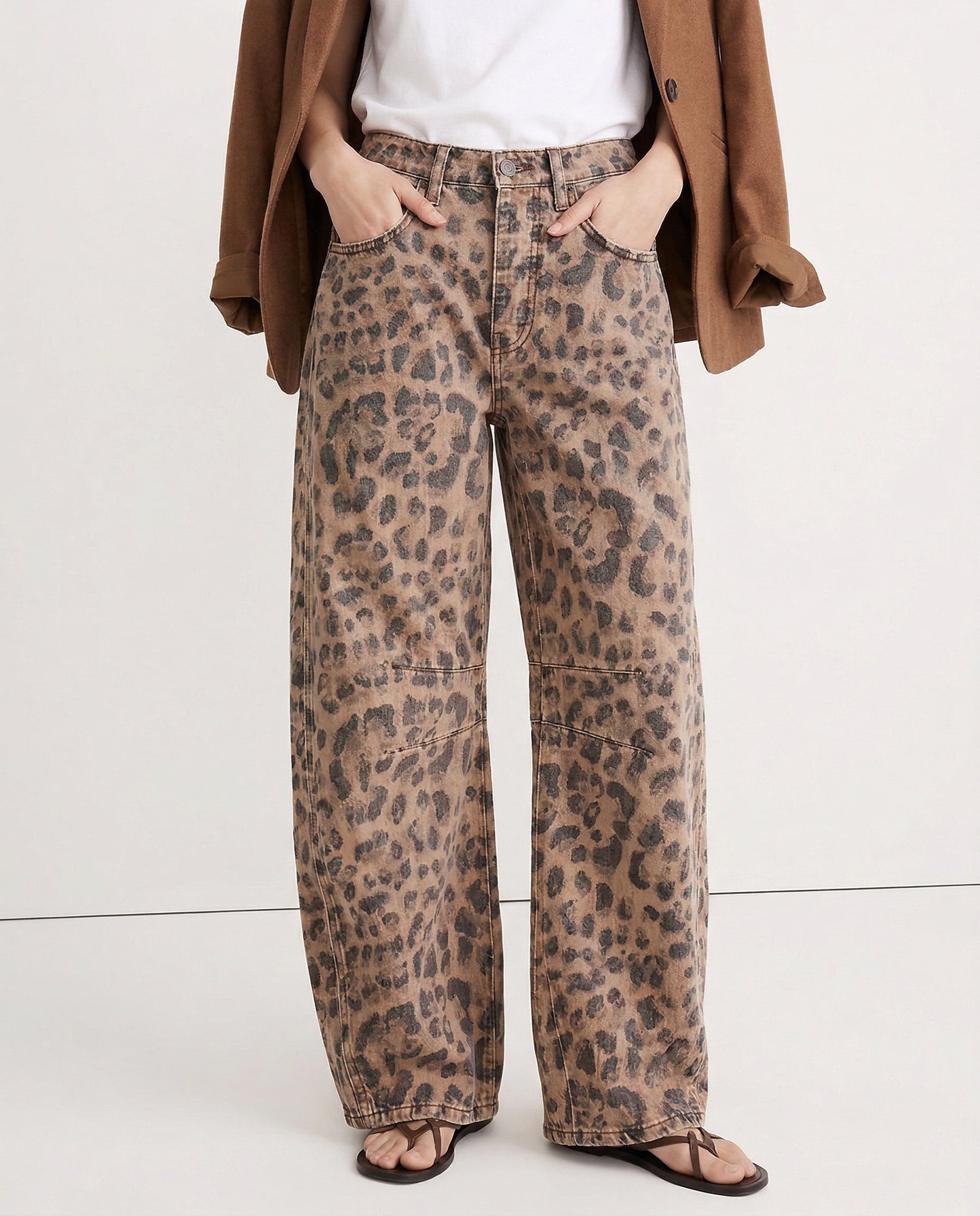 Back view of leopard print wide leg jeans showing five-pocket styling