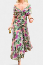 Model in three-quarter turn showing dress silhouette