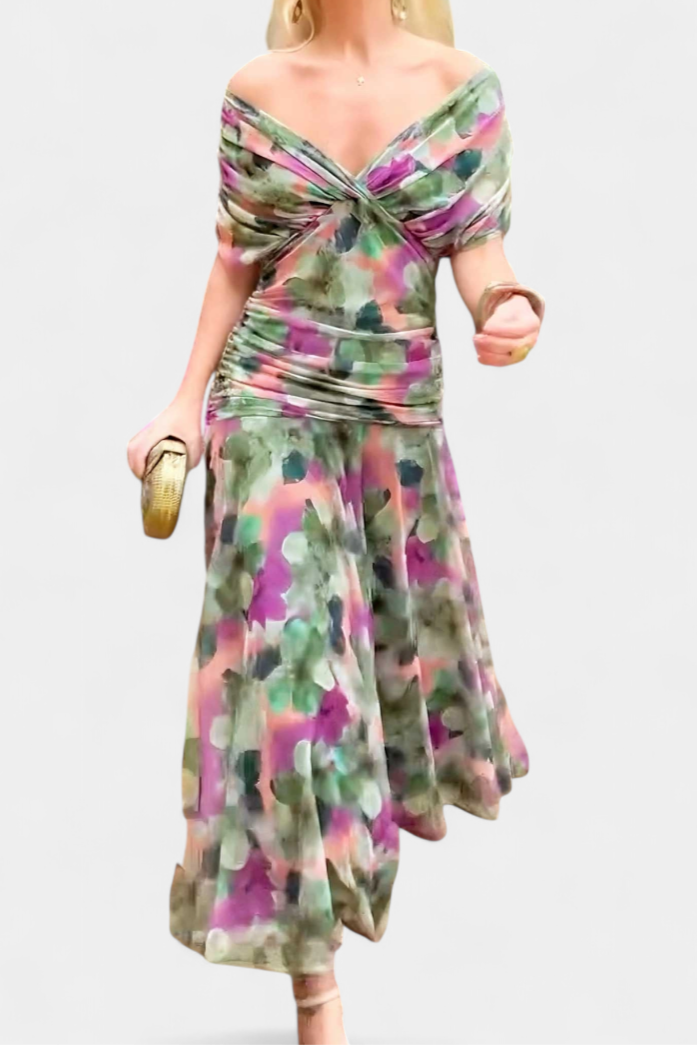 Model in three-quarter turn showing dress silhouette