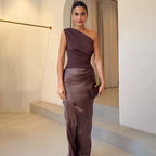 Women's satin one-shoulder maxi dress, full length front view