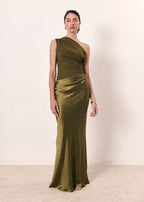 Back view of satin maxi dress showing asymmetric design