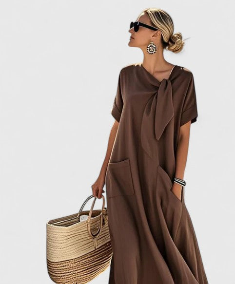 Women's brown maxi dress with tie neckline, front view