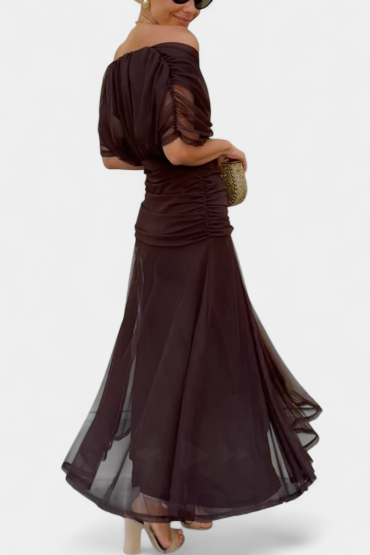 Close-up of ruched bodice and off-shoulder neckline detail