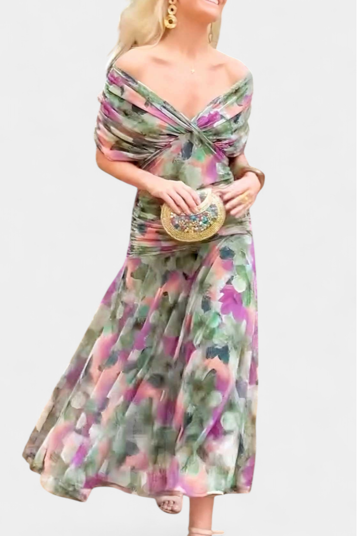 Model wearing dress at three-quarter view, showing movement