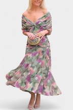 Ruched sleeve detail on off-shoulder dress