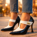Woman wearing heels with neutral outfit, front facing