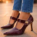 Back view of burgundy croc-embossed heel