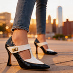 Woman wearing burgundy croc heels, standing pose