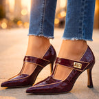 Woman walking in burgundy croc T-bar heels
