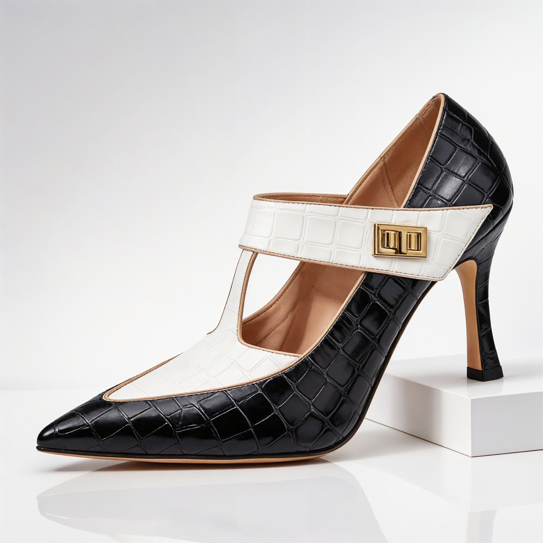 Side profile of burgundy croc heel showing pointed toe and stiletto heel
