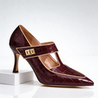 Women's burgundy croc-embossed pointed toe T-bar heel, front view