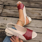 Close-up of croc-embossed burgundy front strap detail